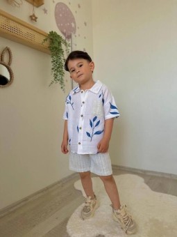 Mavi Yaprak Desenli Erkek...